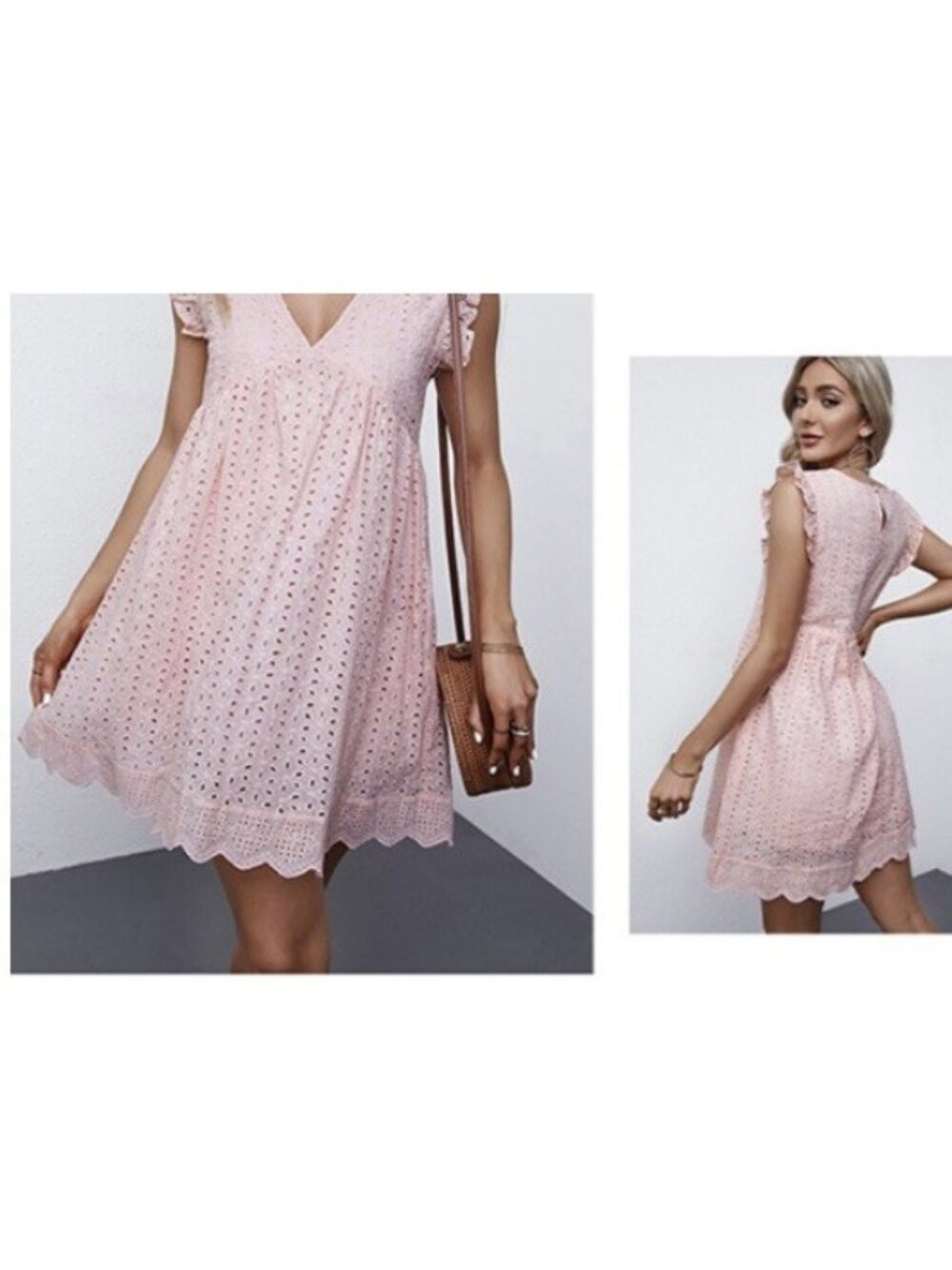Summer-PINK EYELET ROMPER SHORTS UNDERNEATH Large•POCKETS•ZIP BACK•V CUT•NIP•